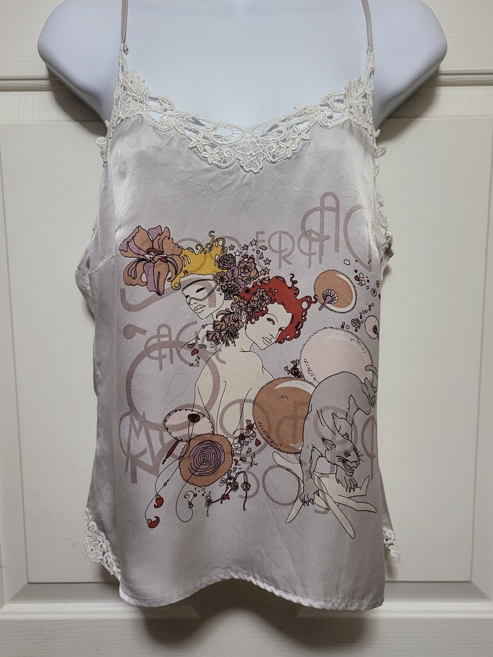 Silk Lace-Trim Graphic Camisole in Cream